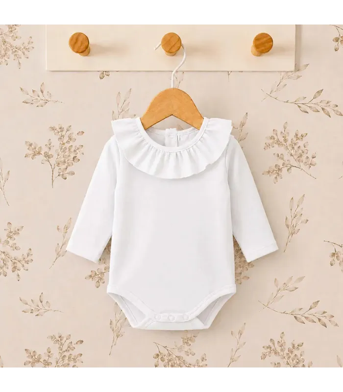 body bebé blanco volante manga larga algodón elastano elegante cómodo