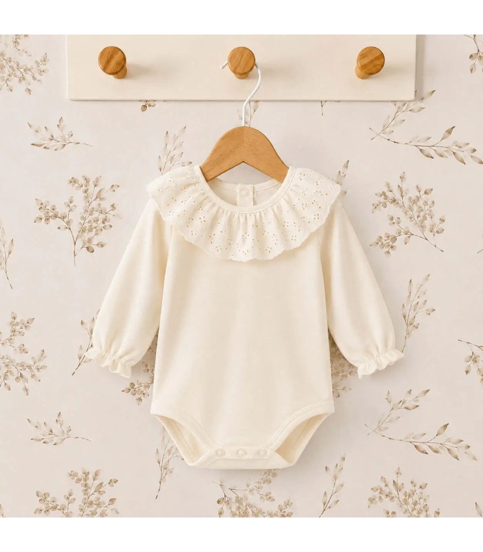 body bebé crudo volante bordado manga larga algodón elastano elegante cómodo