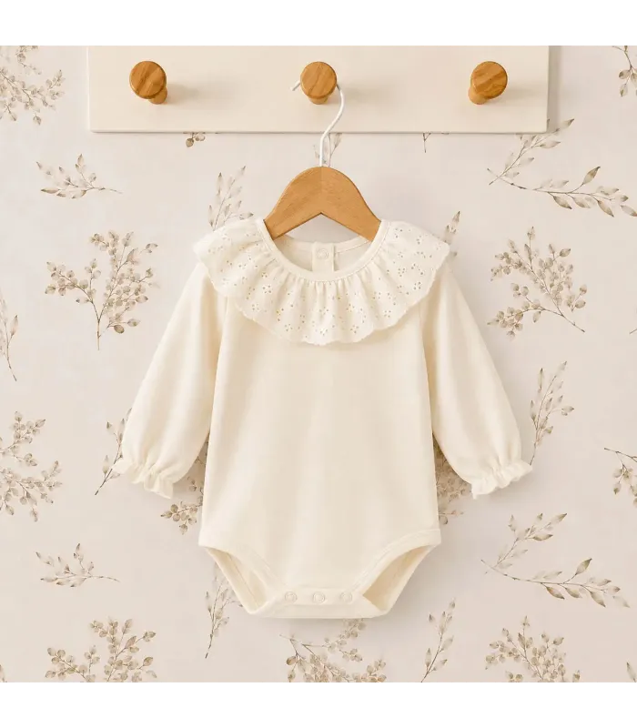 body bebé crudo volante bordado manga larga algodón elastano elegante cómodo
