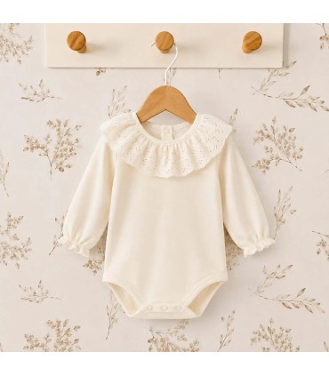 body bebé crudo volante bordado manga larga algodón elastano elegante cómodo