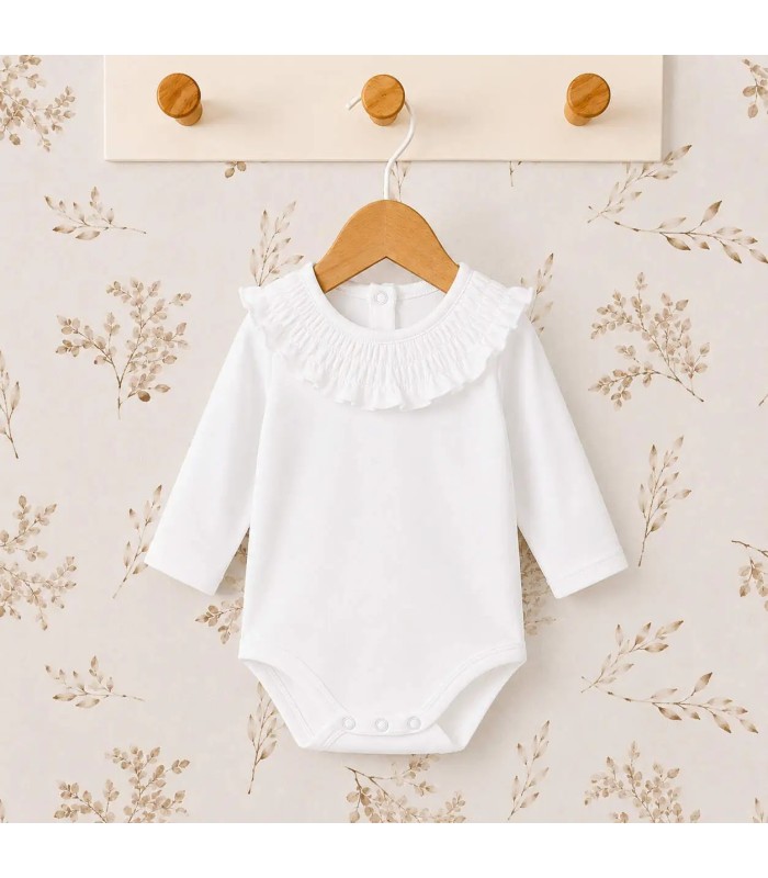 body bebé blanco volante ribete manga larga algodón elastano elegante cómodo