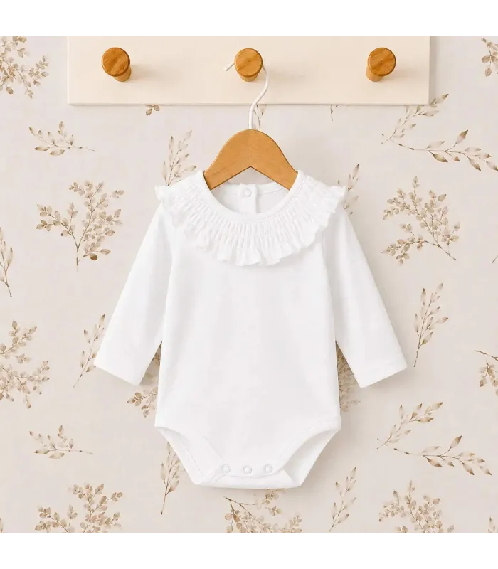body bebé blanco volante ribete manga larga algodón elastano elegante cómodo