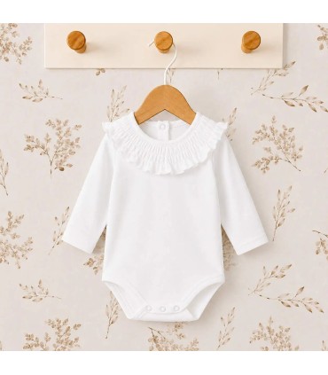 body bebé blanco volante ribete manga larga algodón elastano elegante cómodo