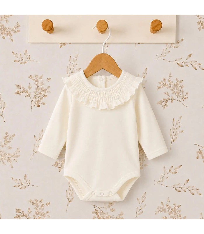 body bebé crudo volante ribete manga larga algodón elastano elegante cómodo