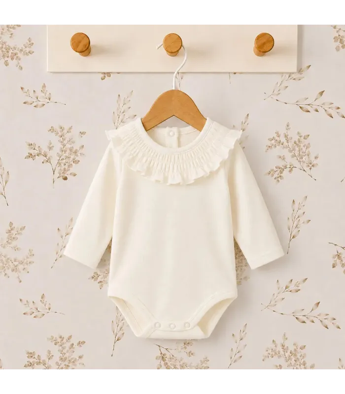 body bebé crudo volante ribete manga larga algodón elastano elegante cómodo