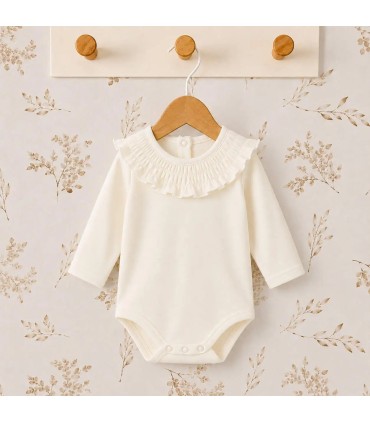 body bebé crudo volante ribete manga larga algodón elastano elegante cómodo