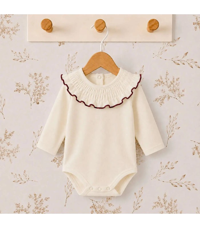 body bebé granate volante ribete manga larga algodón elastano elegante cómodo