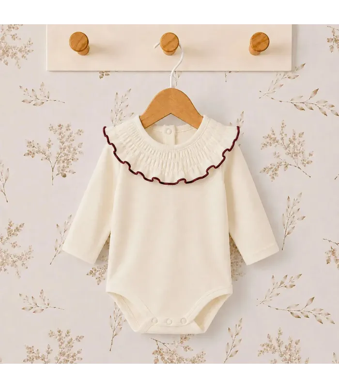 body bebé granate volante ribete manga larga algodón elastano elegante cómodo