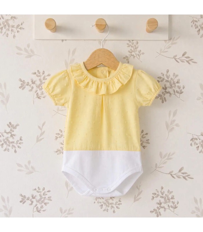 body bebé amarillo plumeti cuello volante algodón relieve detalle verano luminoso