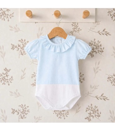 body bebé celeste plumeti cuello volante algodón relieve detalle verano elegante