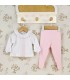 Conjunto polaina bebé rosa de algodón con camiseta blanca bordada y pantalón con pie colección Antas Calamaro