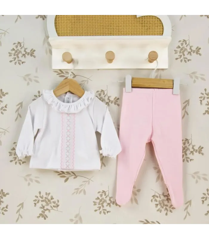 Conjunto polaina bebé rosa de algodón con camiseta blanca bordada y pantalón con pie colección Antas Calamaro