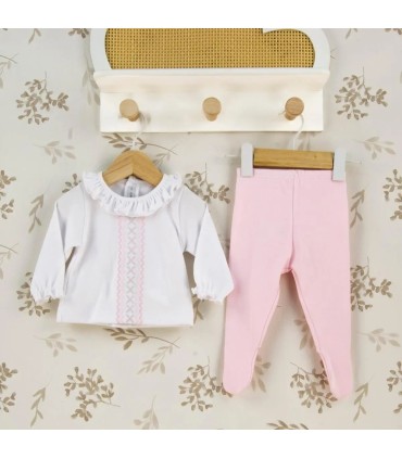 Conjunto polaina bebé rosa de algodón con camiseta blanca bordada y pantalón con pie colección Antas Calamaro
