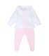 Conjunto polaina bebé rosa de algodón con camiseta blanca bordada y pantalón con pie en fondo blanco colección Antas Calamaro