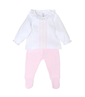 Conjunto polaina bebé rosa de algodón con camiseta blanca bordada y pantalón con pie en fondo blanco colección Antas Calamaro
