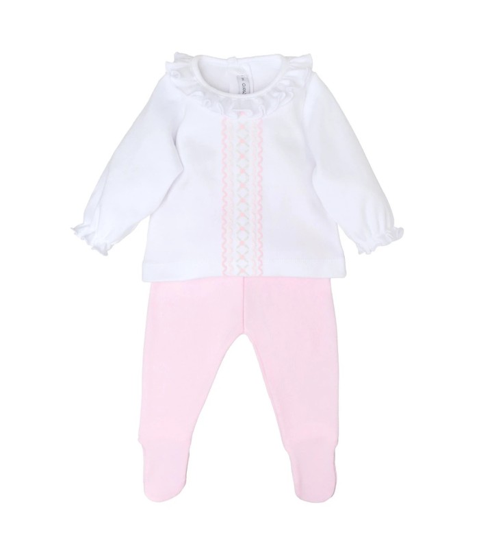 Conjunto polaina bebé rosa de algodón con camiseta blanca bordada y pantalón con pie en fondo blanco colección Antas Calamaro