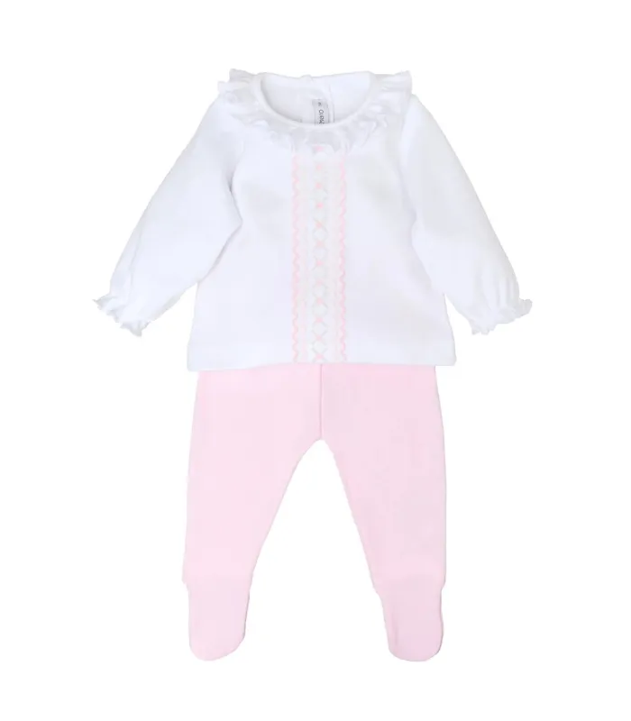 Conjunto polaina bebé rosa de algodón con camiseta blanca bordada y pantalón con pie en fondo blanco colección Antas Calamaro