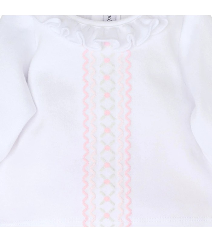 Detalle bordado Conjunto polaina bebé rosa de algodón con camiseta blanca bordada y pantalón con pie colección Antas Calamaro