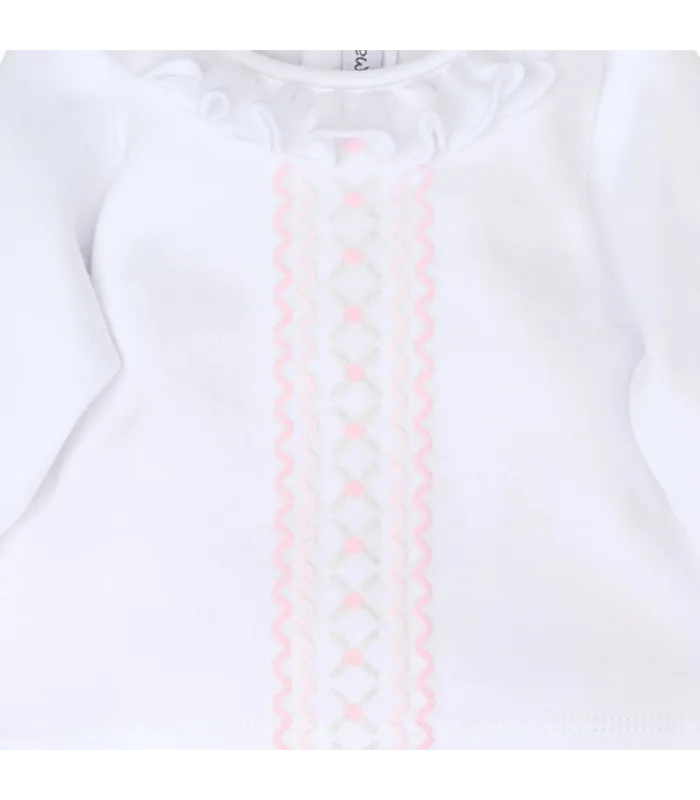 Detalle bordado Conjunto polaina bebé rosa de algodón con camiseta blanca bordada y pantalón con pie colección Antas Calamaro