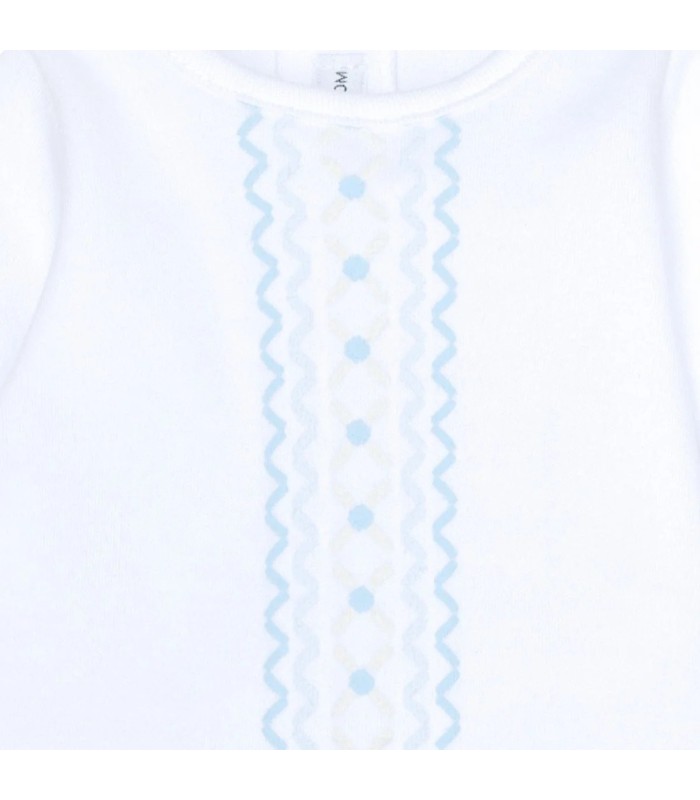 Detalle bordado Conjunto Polaina bebé celeste de algodón con camiseta blanca bordada y pantalón con pie colección Antas Calamaro