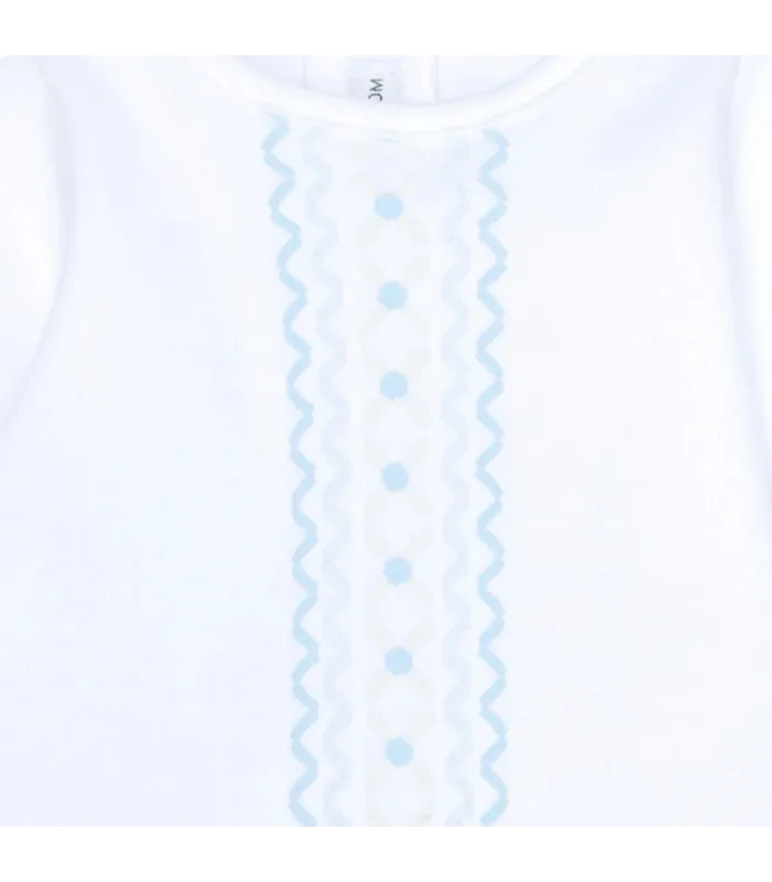 Detalle bordado Conjunto Polaina bebé celeste de algodón con camiseta blanca bordada y pantalón con pie colección Antas Calamaro