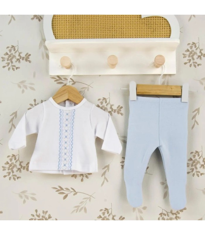 Conjunto polaina bebé celeste de algodón con camiseta blanca bordada y pantalón con pie colección Antas Calamaro