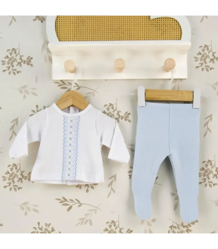 Conjunto polaina bebé celeste de algodón con camiseta blanca bordada y pantalón con pie colección Antas Calamaro