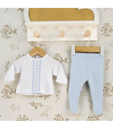 Conjunto polaina bebé celeste de algodón con camiseta blanca bordada y pantalón con pie colección Antas Calamaro