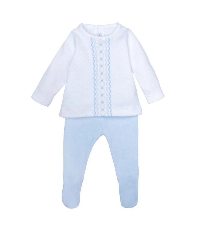 Conjunto polaina bebé celeste de algodón con camiseta blanca bordada y pantalón con pie en fondo blanco colección Antas Calamaro