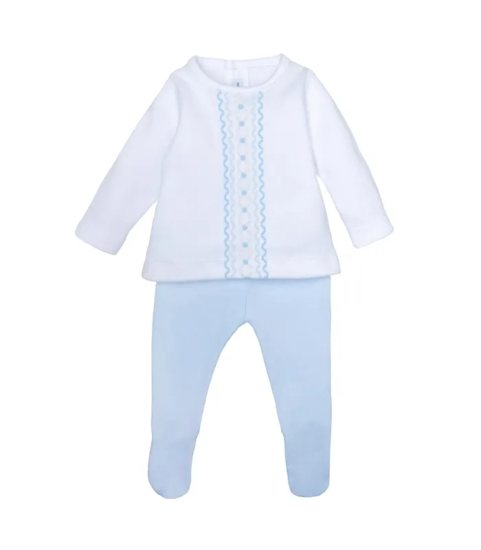 Conjunto polaina bebé celeste de algodón con camiseta blanca bordada y pantalón con pie en fondo blanco colección Antas Calamaro