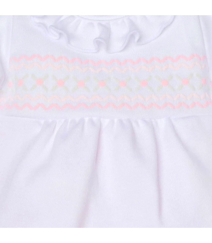 Detalle bordado Conjunto Pololo bebé rosa de algodón con blusa blanca bordada y pololo rosa colección Antas Calamaro