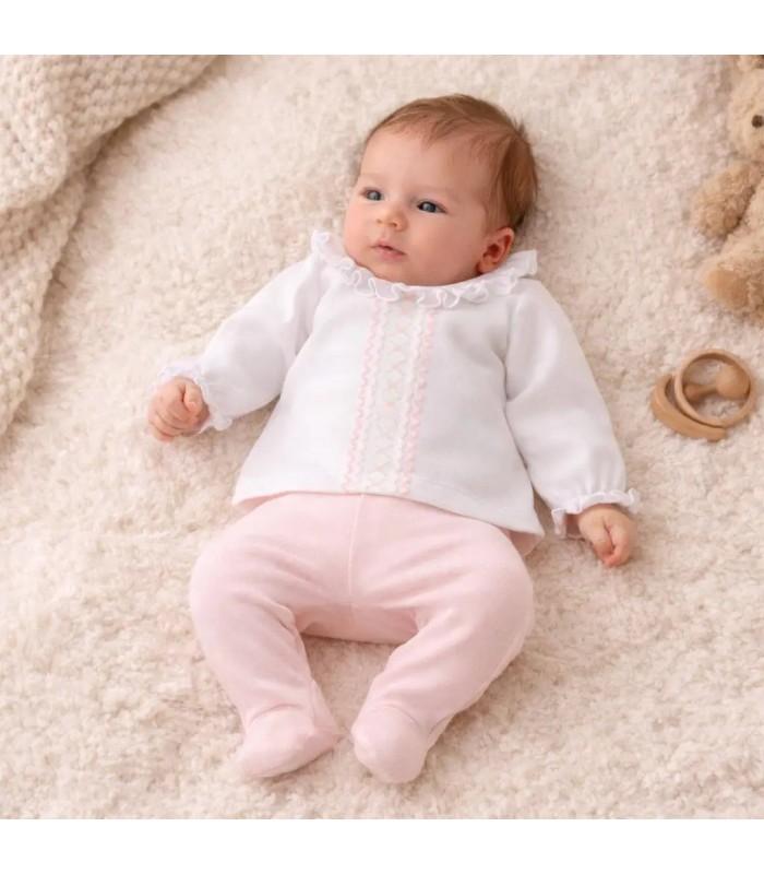 Niño con Conjunto polaina bebé rosa de algodón con camiseta blanca bordada y pantalón con pie colección Antas Calamaro