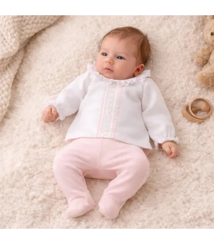 Niño con Conjunto polaina bebé rosa de algodón con camiseta blanca bordada y pantalón con pie colección Antas Calamaro