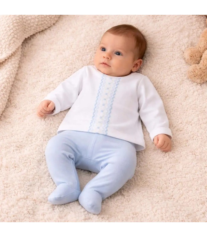 Niño con Conjunto polaina bebé celeste de algodón con camiseta blanca bordada y pantalón con pie colección Antas Calamaro