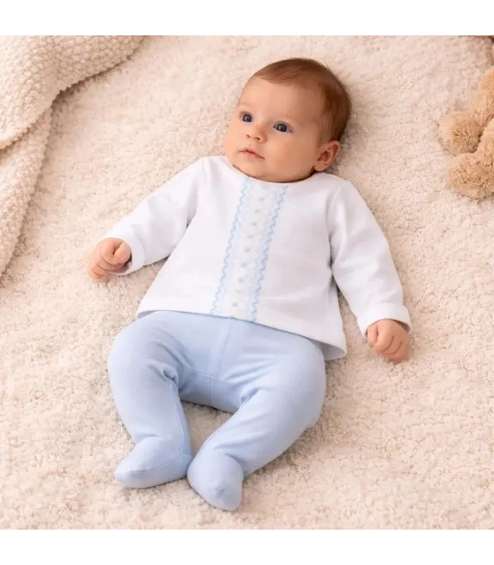 Niño con Conjunto polaina bebé celeste de algodón con camiseta blanca bordada y pantalón con pie colección Antas Calamaro