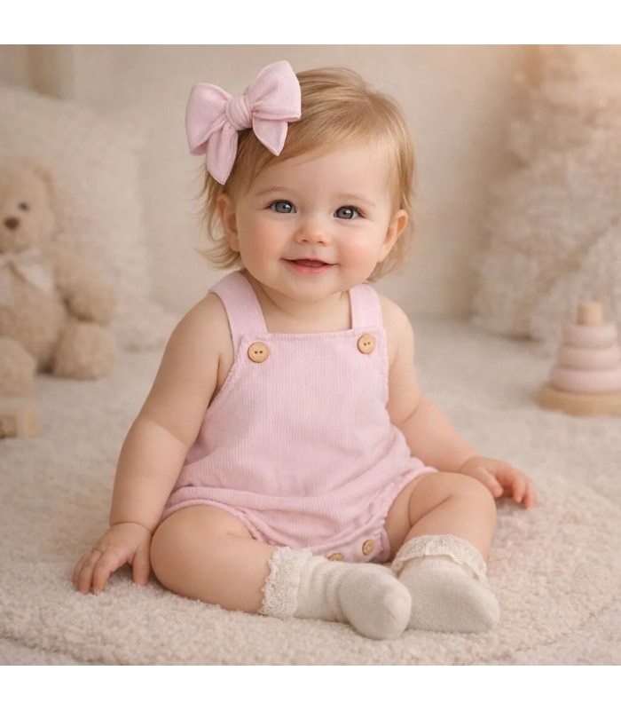 niña con Peto bebé rosa de algodón colección Antas Calamaro para recién nacido con diseño clásico en fondo blanco