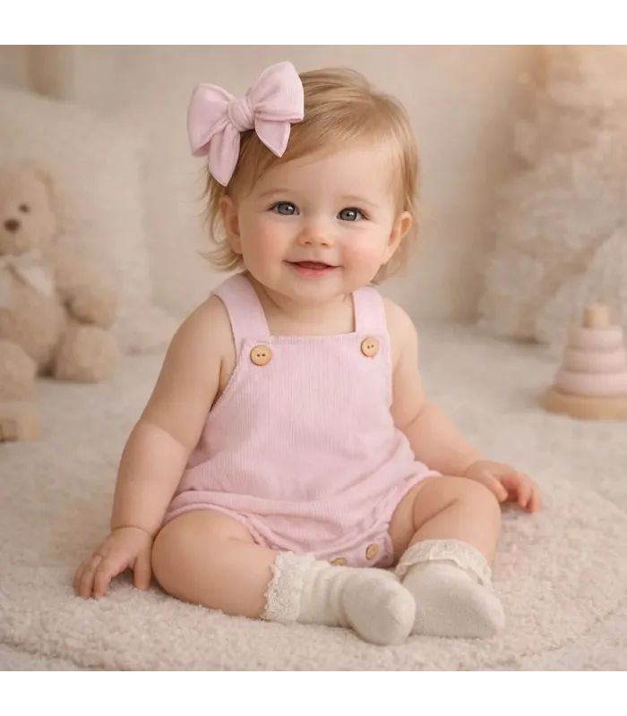 niña con Peto bebé rosa de algodón colección Antas Calamaro para recién nacido con diseño clásico en fondo blanco