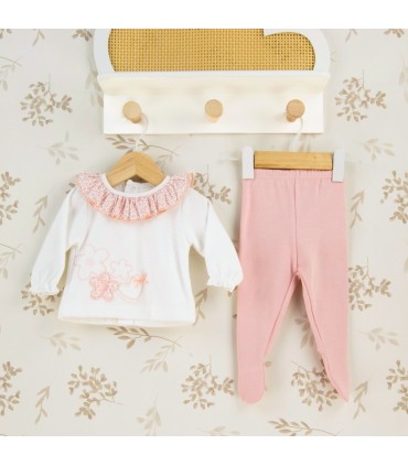 Conjunto Polaina bebé nude algodón con cuello bordado detalle delicado primera puesta invierno