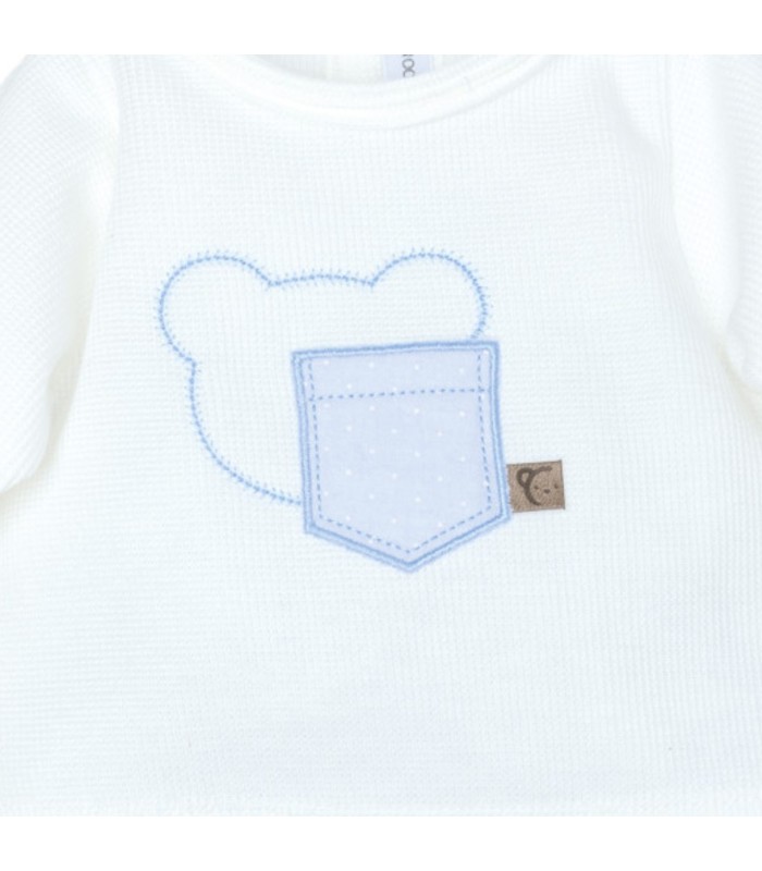 Diseño del Conjunto Polaina bebé azul cielo algodón con cuello bordado detalle delicado primera puesta invierno