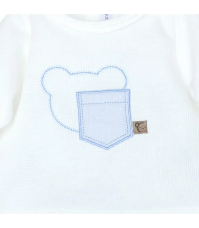 Diseño del Conjunto Polaina bebé azul cielo algodón con cuello bordado detalle delicado primera puesta invierno