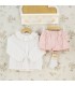 Conjunto Pantalón niña nude con blusa blanca cuello volante y pantalón corto tipo short con volantes laterales algodón