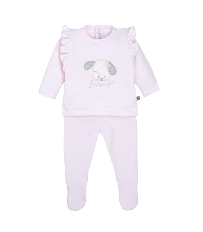 Conjunto Polaina bebé rosa algodón elástico suave dibujo central invierno detalle tejido en fondo blanco