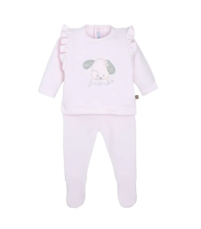 Conjunto Polaina bebé rosa algodón elástico suave dibujo central invierno detalle tejido en fondo blanco