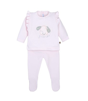 Conjunto Polaina bebé rosa algodón elástico suave dibujo central invierno detalle tejido en fondo blanco