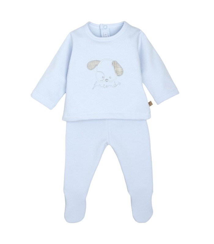 Conjunto Polaina bebé celeste algodón suave dibujo central invierno detalle tejido en fondo blanco