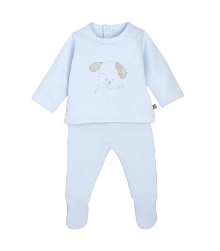 Conjunto Polaina bebé celeste algodón suave dibujo central invierno detalle tejido en fondo blanco