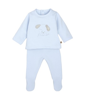 Conjunto Polaina bebé celeste algodón suave dibujo central invierno detalle tejido en fondo blanco