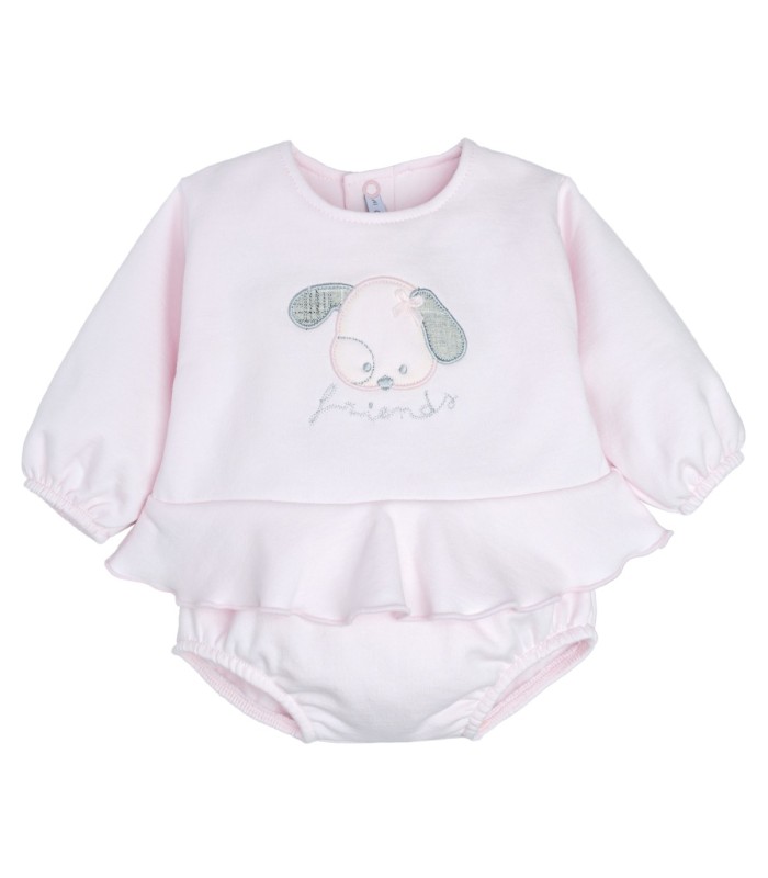 Conjunto Pololo bebé rosa algodón suave volante dibujo central invierno detalle tejido en fondo blanco