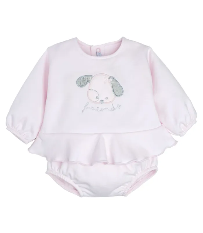 Conjunto Pololo bebé rosa algodón suave volante dibujo central invierno detalle tejido en fondo blanco