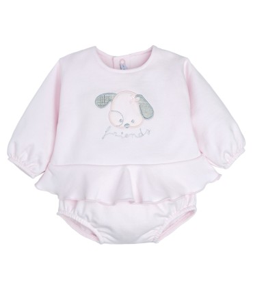 Conjunto Pololo bebé rosa algodón suave volante dibujo central invierno detalle tejido en fondo blanco